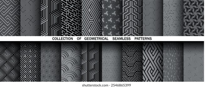 Conjunto geométrico de patrones negros y grises sin costuras. Gráficos de Vector simples