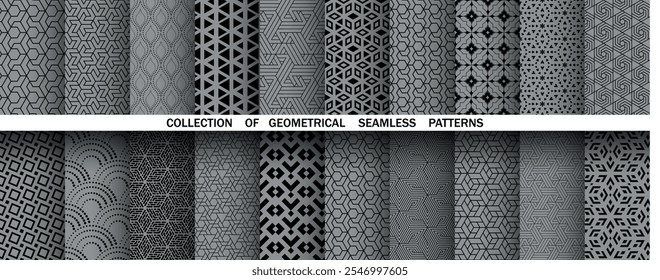 Geometric set of seamless black and gray patterns. Simple vector graphics