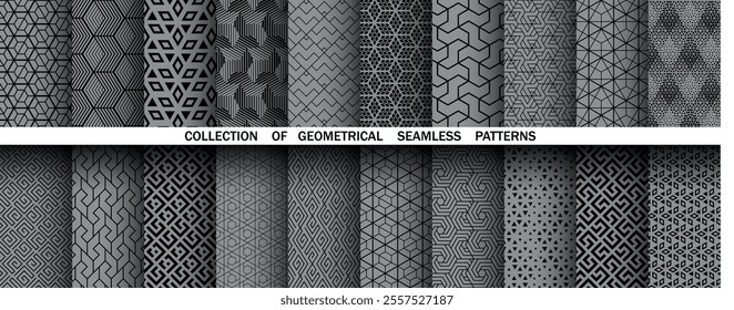 Geometric set of seamless black and gray patterns. Simple vector graphics