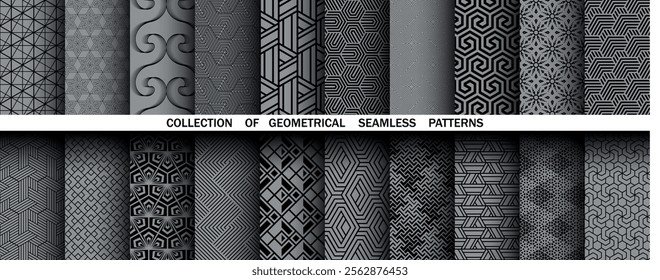 Geometric set of seamless black and gray patterns. Simple vector graphics