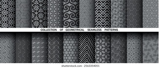 Geometric set of seamless black and gray patterns. Simple vector graphics