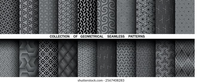 Geometric set of seamless black and gray patterns. Simple vector graphics