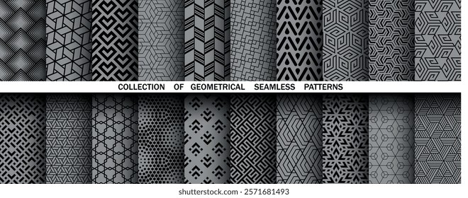 Geometric set of seamless black and gray patterns. Simple vector graphics