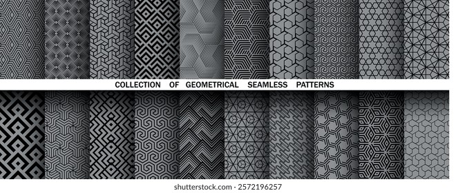 Geometric set of seamless black and gray patterns. Simple vector graphics