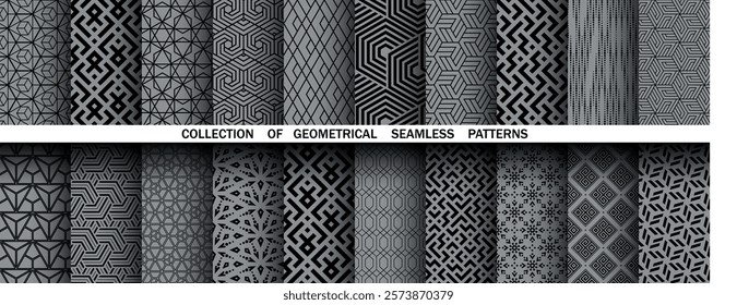 Geometric set of seamless black and gray patterns. Simple vector graphics