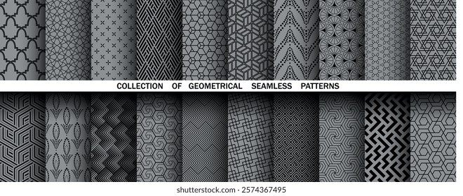 Geometric set of seamless black and gray patterns. Simple vector graphics