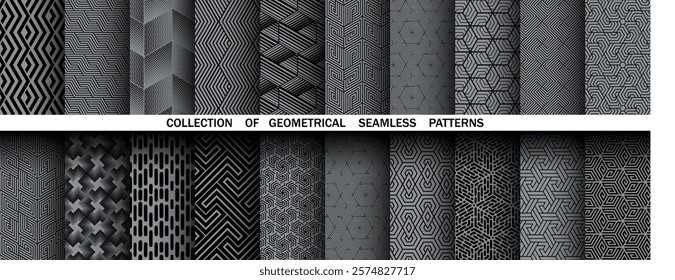Geometric set of seamless black and gray patterns. Simple vector graphics