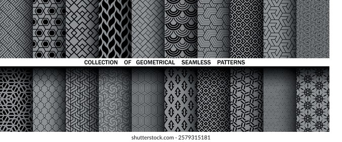 Geometric set of seamless black and gray patterns. Simple vector graphics