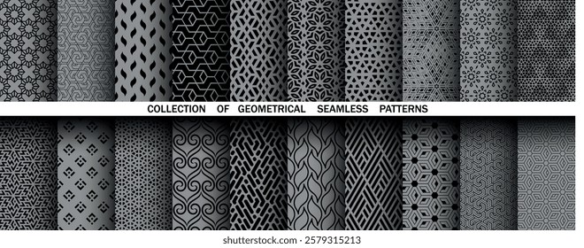 Geometric set of seamless black and gray patterns. Simple vector graphics