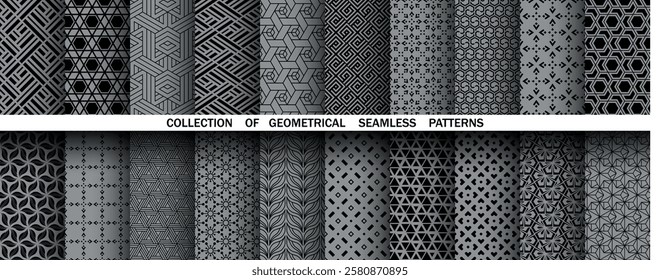 Geometric set of seamless black and gray patterns. Simple vector graphics