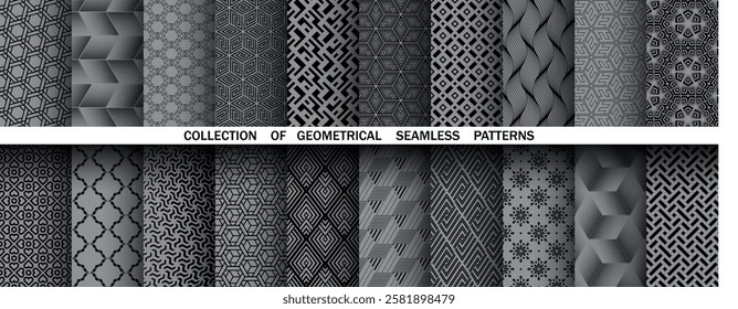 Geometric set of seamless black and gray patterns. Simple vector graphics