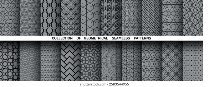 Geometric set of seamless black and gray patterns. Simple vector graphics
