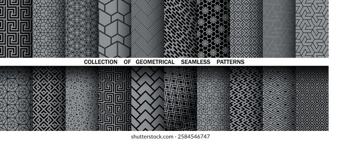 Geometric set of seamless black and gray patterns. Simple vector graphics