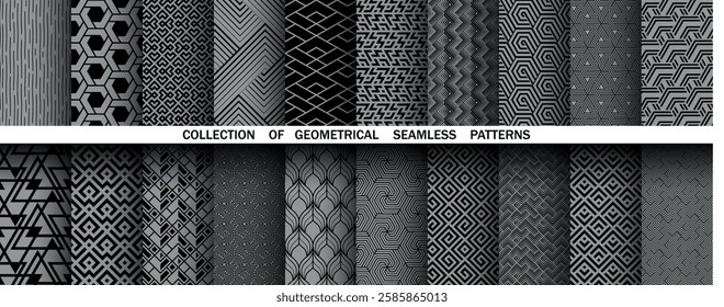 Geometric set of seamless black and gray patterns. Simple vector graphics