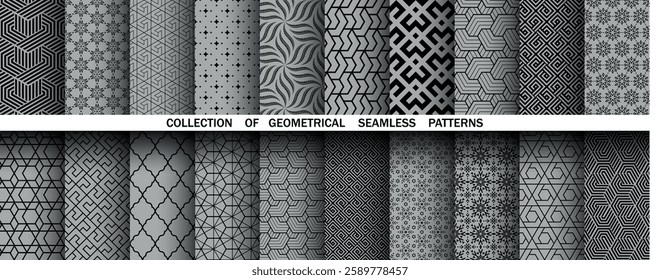 Geometric set of seamless black and gray patterns. Simple vector graphics