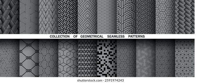 Geometric set of seamless black and gray patterns. Simple vector graphics