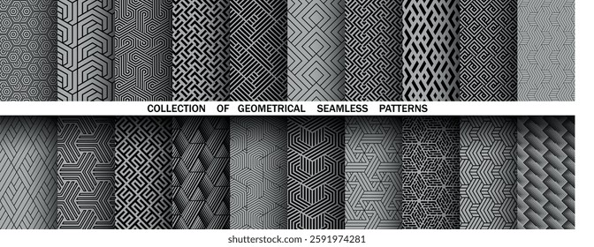 Geometric set of seamless black and gray patterns. Simple vector graphics