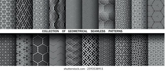 Geometric set of seamless black and gray patterns. Simple vector graphics