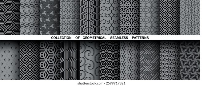 Geometric set of seamless black and gray patterns. Simple vector graphics