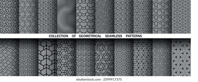 Geometric set of seamless black and gray patterns. Simple vector graphics