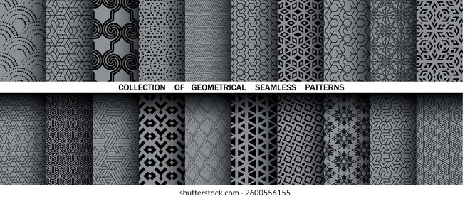 Geometric set of seamless black and gray patterns. Simple vector graphics