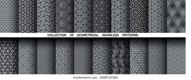 Geometric set of seamless black and gray patterns. Simple vector graphics