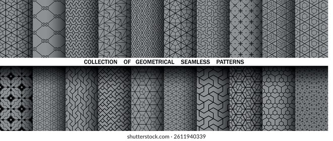 Geometric set of seamless black and gray patterns. Simple vector graphics