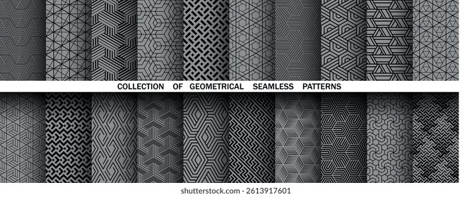 Geometric set of seamless black and gray patterns. Simple vector graphics.