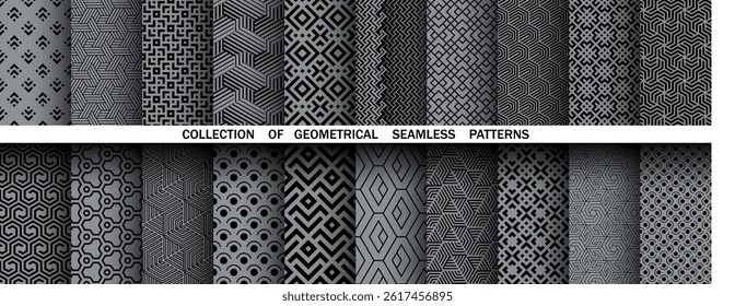 Geometric set of seamless black and gray patterns. Simple vector graphics