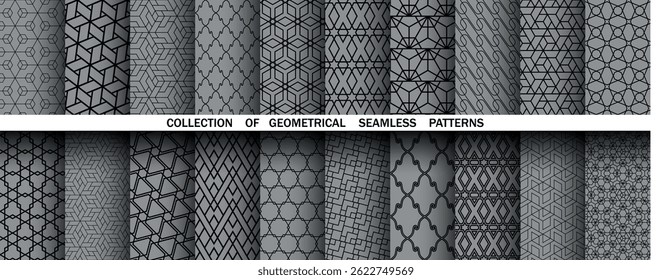 Geometric set of seamless black and gray patterns. Simple vector graphics