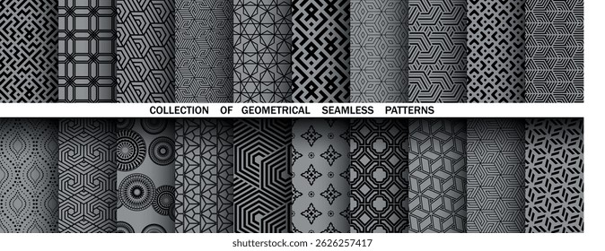Geometric set of seamless black and gray patterns. Simple vector graphics