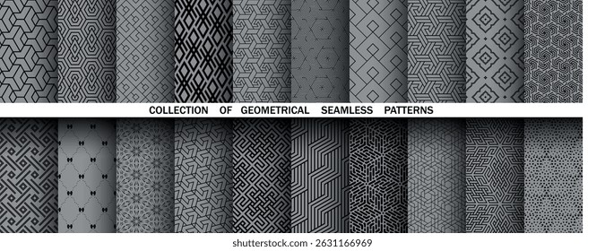 Conjunto geométrico de patrones negros y grises sin costuras. Gráficos de Vector simples