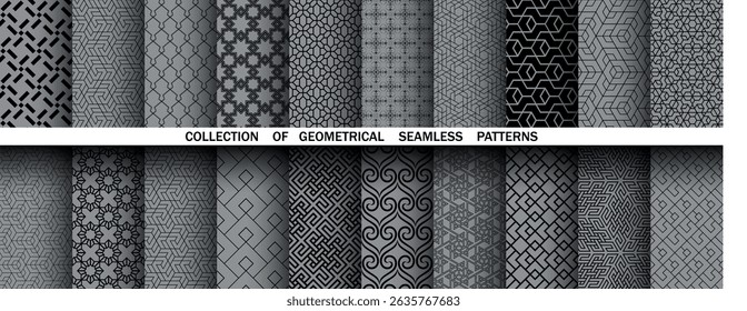 Geometric set of seamless black and gray patterns. Simple vector graphics