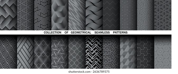 Geometric set of seamless black and gray patterns. Simple vector graphics