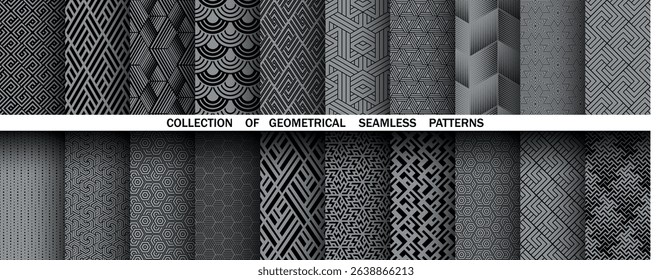 Geometric set of seamless black and gray patterns. Simple vector graphics