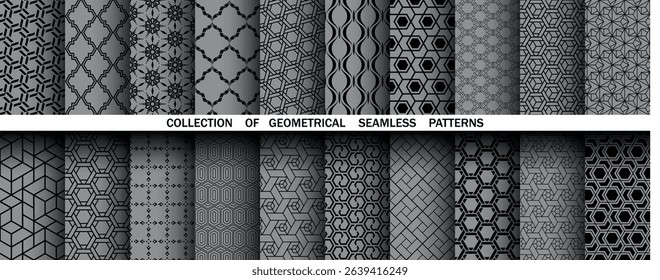 Geometric set of seamless black and gray patterns. Simple vector graphics