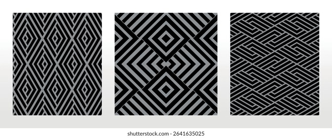 Geometric set of seamless black and gray patterns. Simple vector graphics