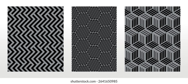 Geometric set of seamless black and gray patterns. Simple vector graphics