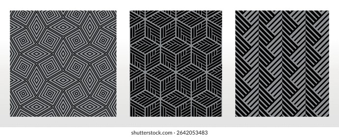 Geometric set of seamless black and gray patterns. Simple vector graphics