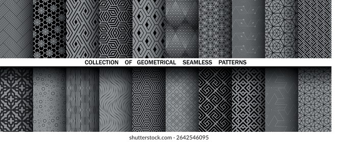 Conjunto geométrico de patrones negros y grises sin costuras. Gráficos de Vector simples
