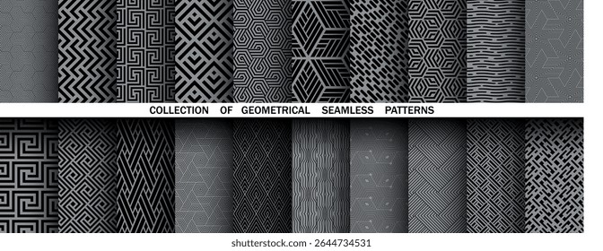 Geometric set of seamless black and gray patterns. Simple vector graphics