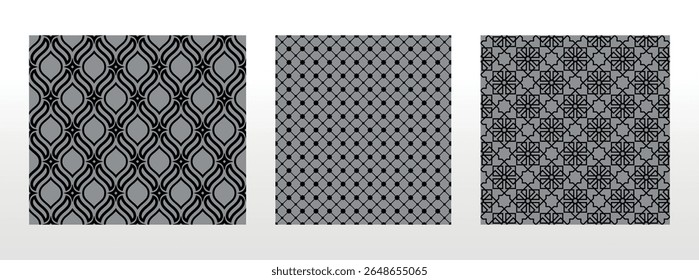 Geometric set of seamless black and gray patterns. Simple vector graphics