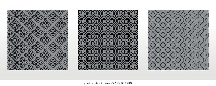 Conjunto geométrico de padrões pretos e cinzentos sem costura. Gráficos simples vetoriais