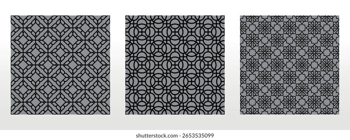 Geometric set of seamless black and gray patterns. Simple vector graphics