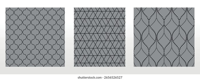 Conjunto geométrico de patrones negros y grises sin costuras. Gráficos de Vector simples