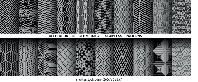 Geometric set of seamless black and gray patterns. Simple vector graphics