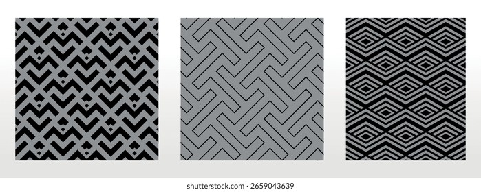 Conjunto geométrico de patrones negros y grises sin costuras. Gráficos de Vector simples