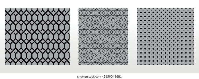 Conjunto geométrico de patrones negros y grises sin costuras. Gráficos de Vector simples