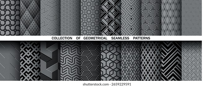 Conjunto geométrico de patrones negros y grises sin costuras. Gráficos de Vector simples