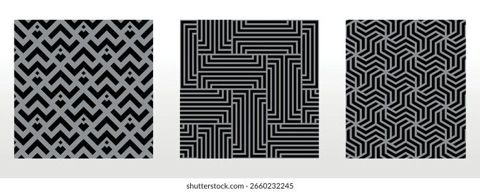 Conjunto geométrico de patrones negros y grises sin costuras. Gráficos de Vector simples